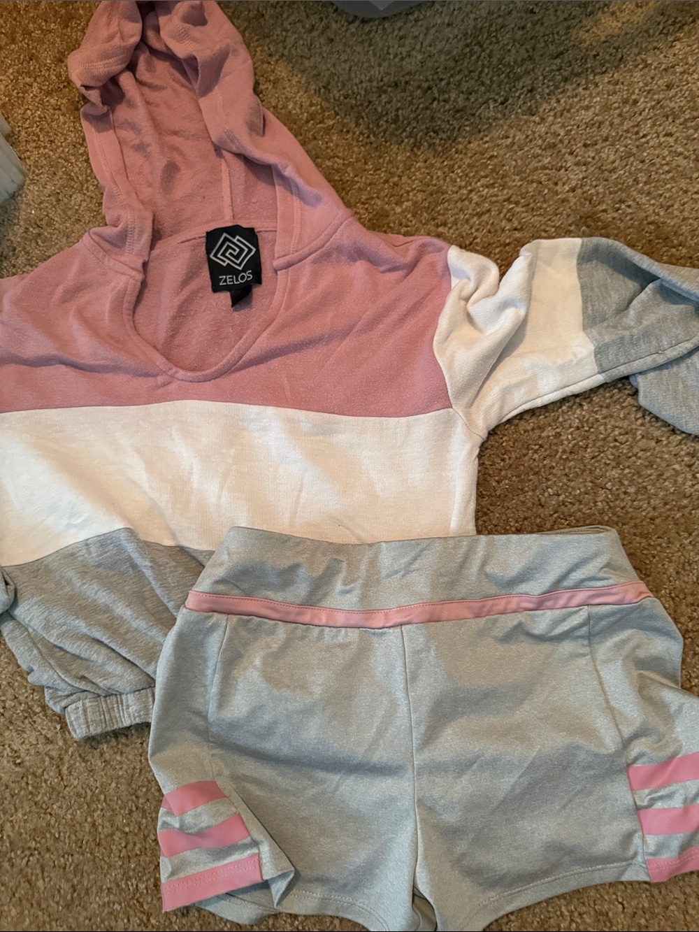 ZELOS Dusty Pink White Light Gray Colorblock Hoodie & Shorts Set
